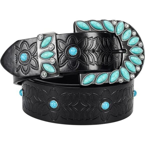 Women’s Western Turquoise Cowgirl Black Leather Belt for Jeans & Pants 42\